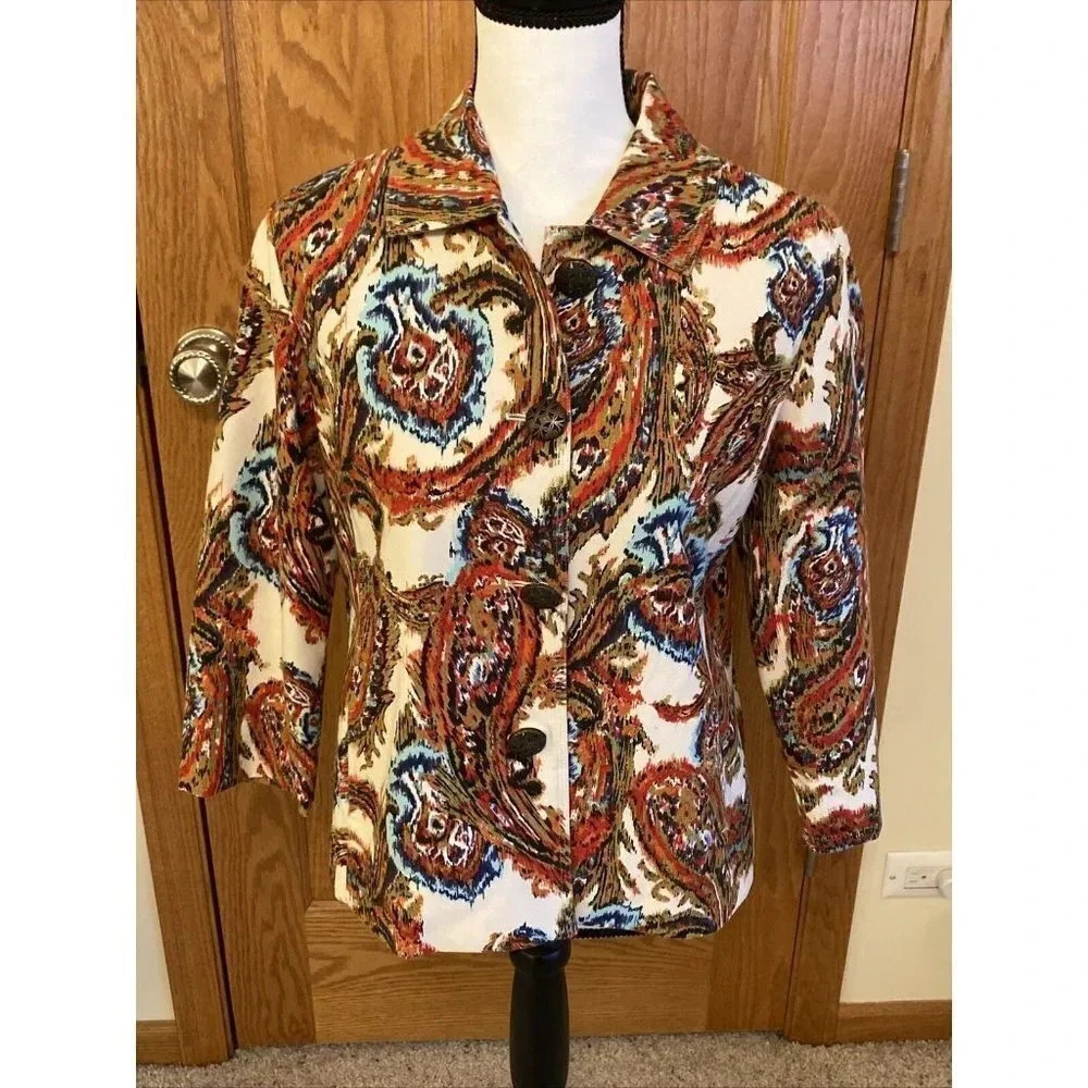 Women's Chico's Sz 1 Blazer Modern Ikat Geometric Print 3/4 Sleeve Paisley